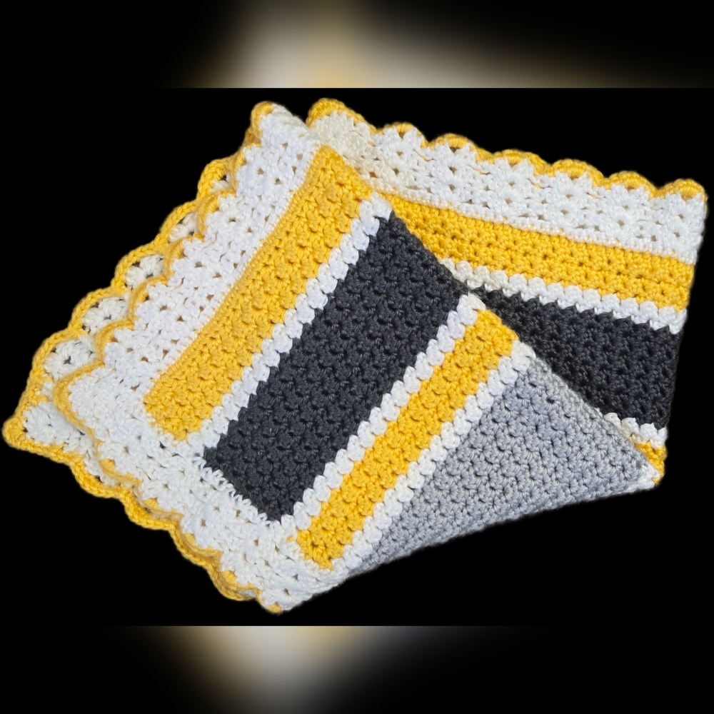 Handmade Crochet Blanket in Yellow, Gray, and White